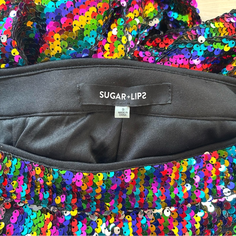 SUGARLIPS Rainbow Sequin Wide Leg Flare Pants Party Shimmer Glitter Size S - Picture 6 of 8